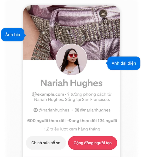 Ảnh chụp màn hình hồ sơ Pinterest của Nariah Hughes trên thiết bị di động, hiển thị 2 nút bật lên màu xanh lam có nhãn "Ảnh bìa" và "Ảnh đại diện" trỏ đến ảnh bìa và ảnh đại diện của cô.
