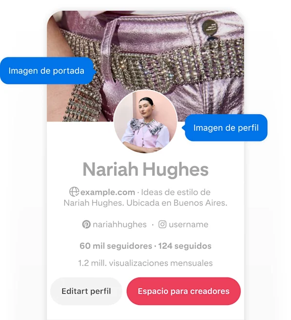 Mobile screenshot of Nariah Hughes' Pinterest profile, featuring two blue pop-up buttons labeled 'Cover image' and 'Profile image' pointing to her cover image and profile image.