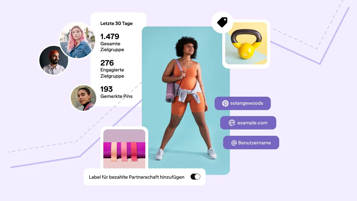 Collage aus Pin einer Frau in orangefarbener Sportkleidung, umgeben von Pins mit Fitnessgeräten, Avataren von Follower*innen und Zielgruppenstatistiken