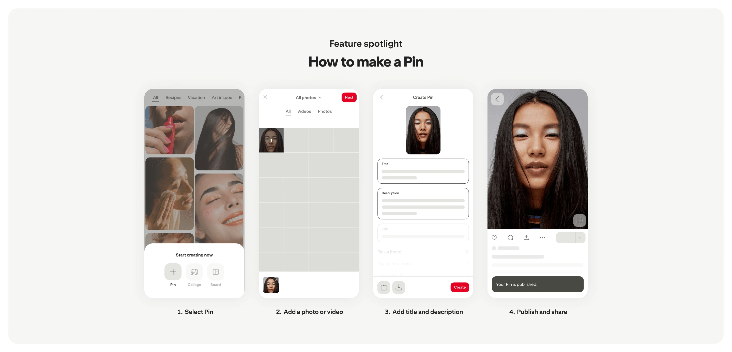 Instructions showing the steps to make a Pin on Pinterest
