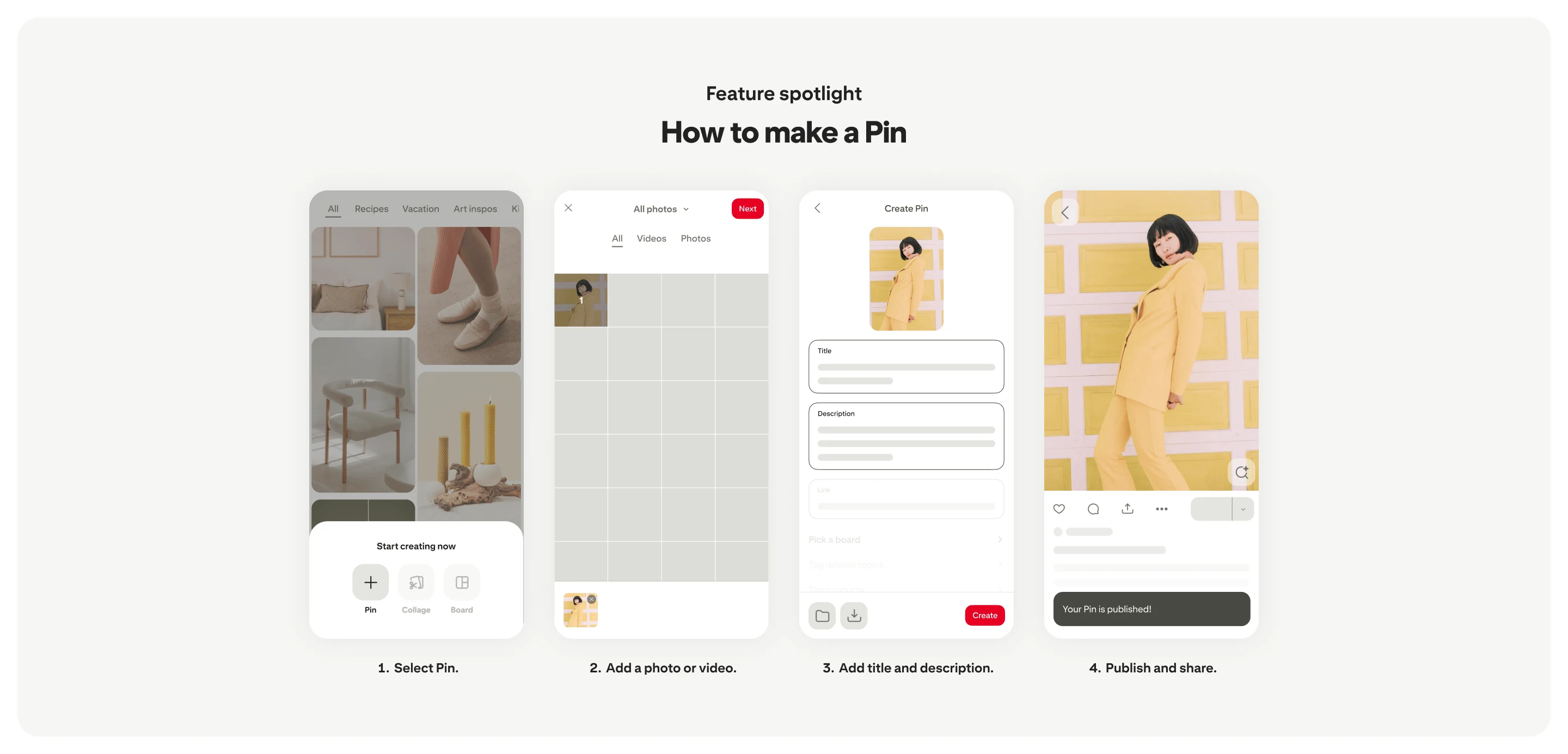 Instructions showing the steps to make a Pin on Pinterest