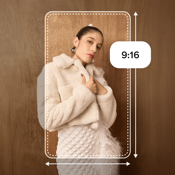 Pin featuring a woman in a fleece jacket with text overlay showing 9:16 image spec