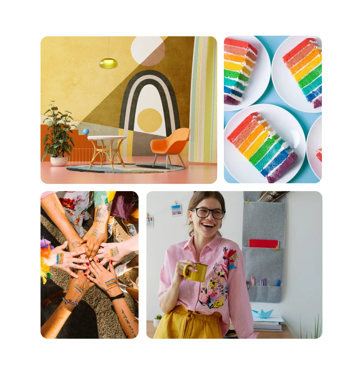 Pin grid featuring maximalist home decor, rainbow cake slides, pile of hands celebrating Pride, woman wearing a colorful work outfit.