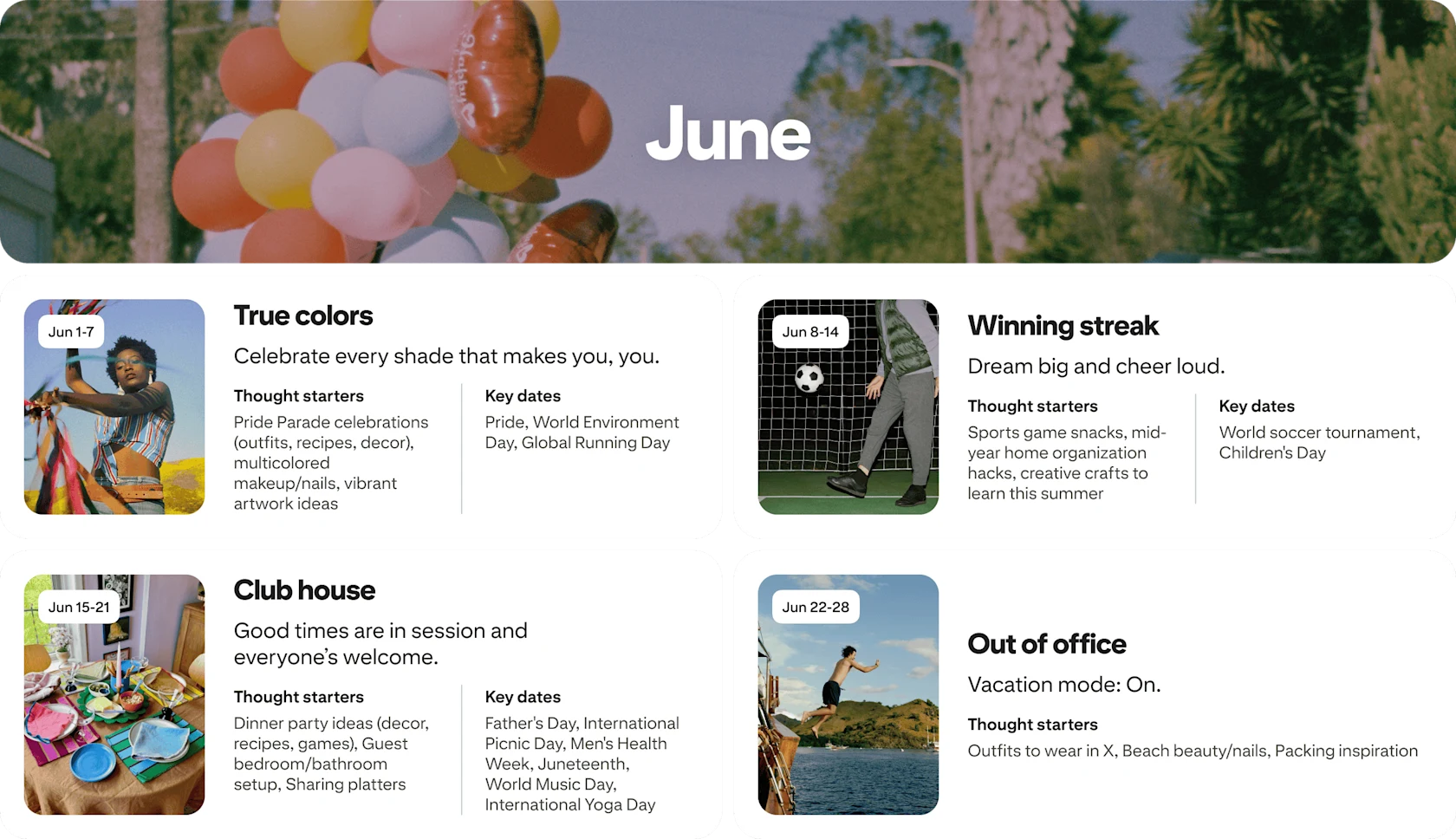 June planner view with four cards: True colors, Winning streak, Club house and Out of office, each dated and paired with photos.