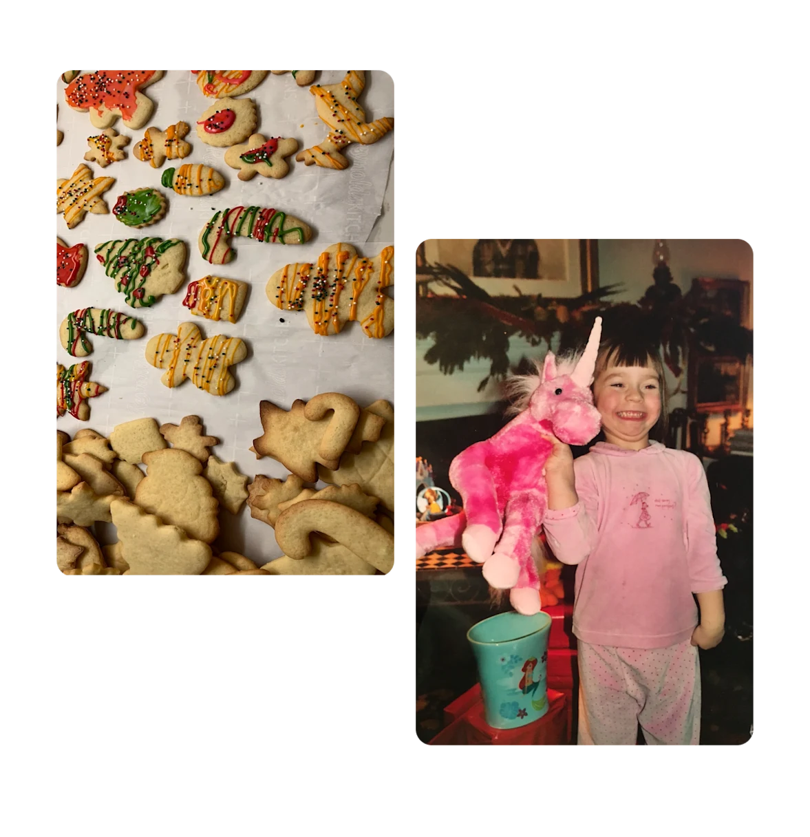 Two pins, homemade christmas cookies, young child holding stuffed animal