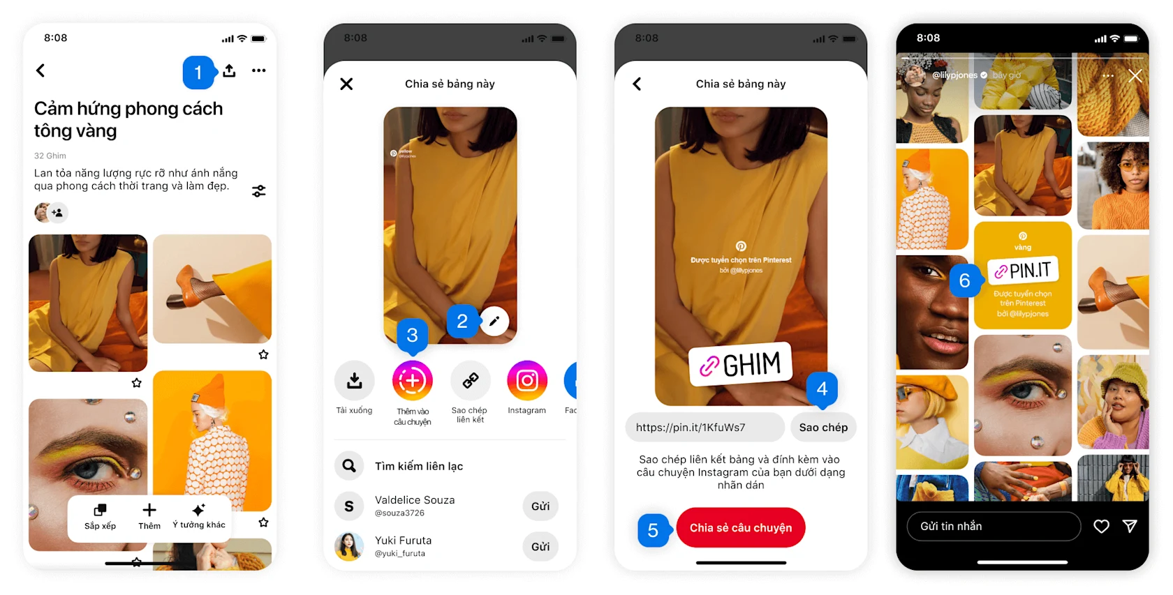 Product screens showing the steps for sharing boards to Instagram