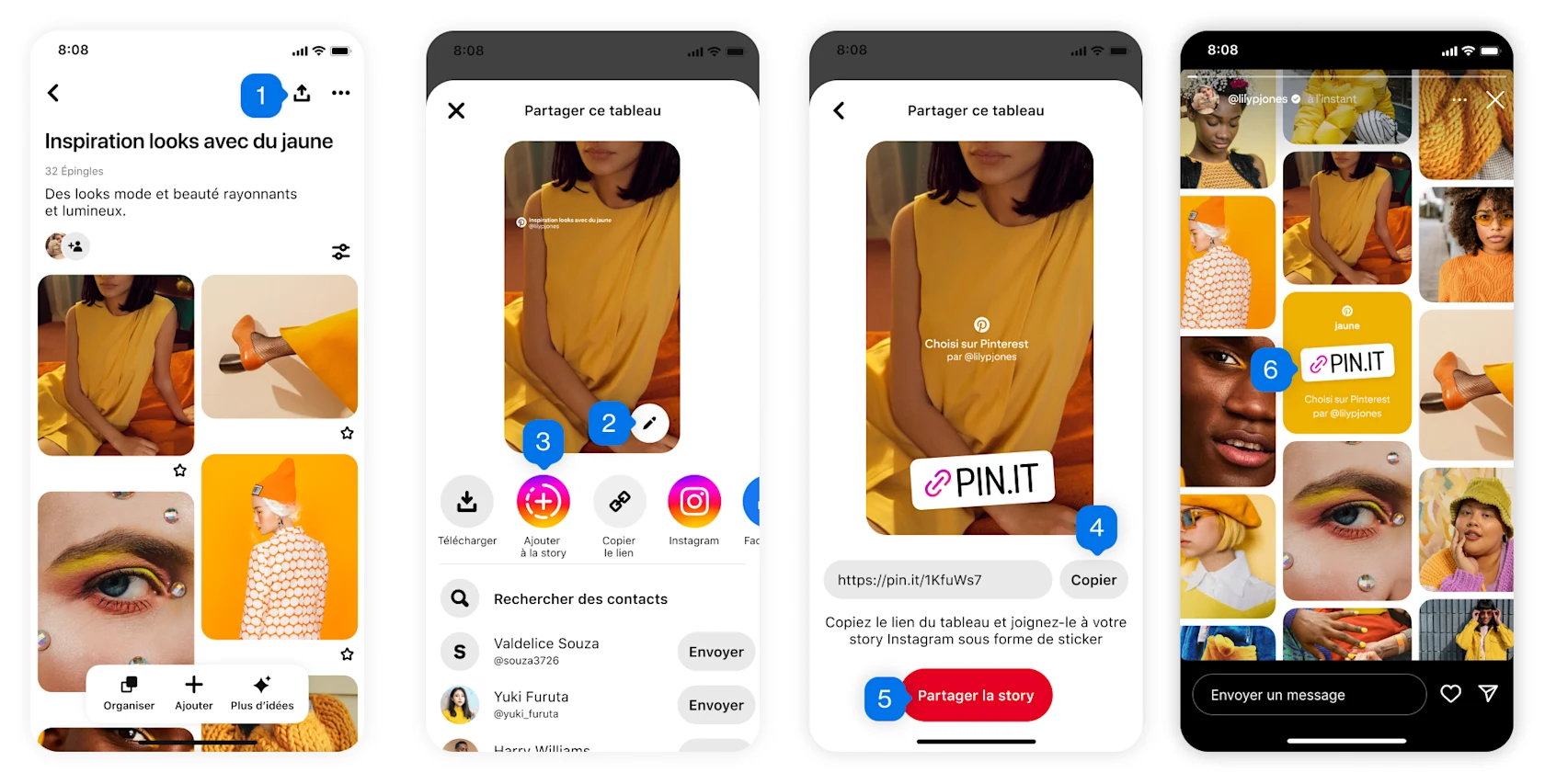 Product screens showing the steps for sharing boards to Instagram