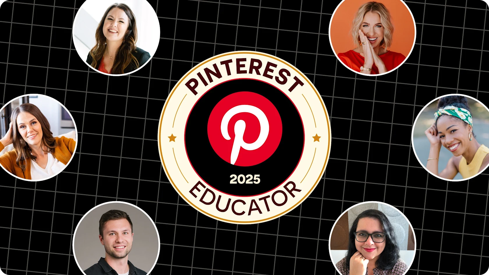Logo for Pinterest Educator Program 2025 surrounded by circle images of the six educators in program.