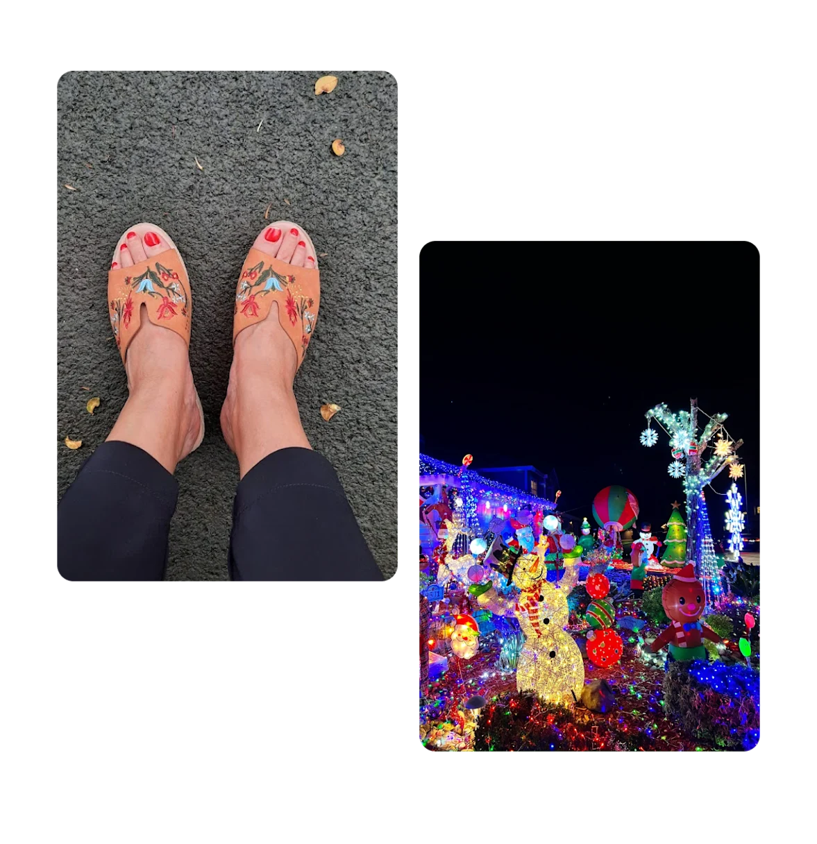 Two pins, holiday shoes, outdoor holiday decorations