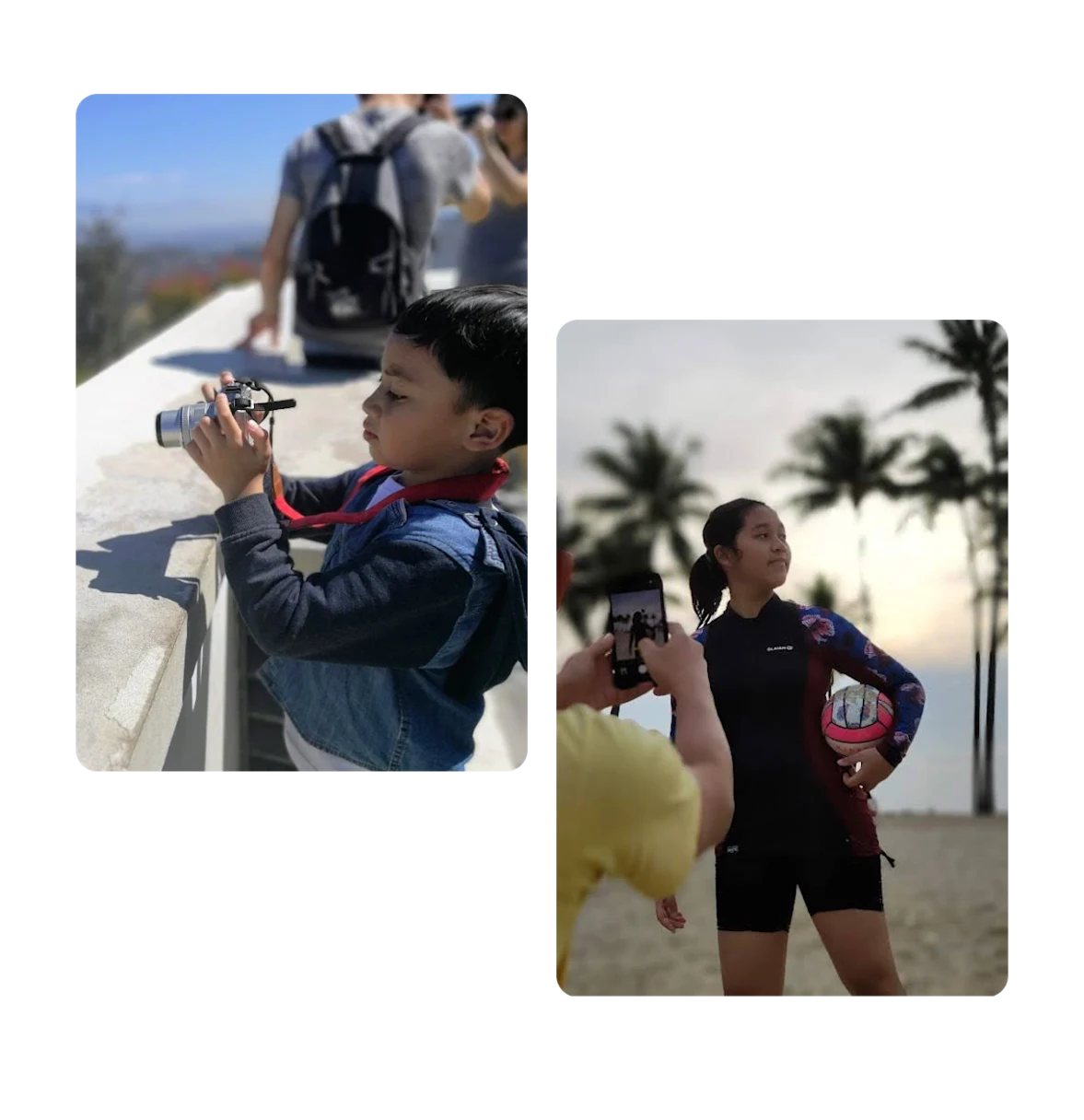 Two pins, young boy using camera, young girl posing for football photo