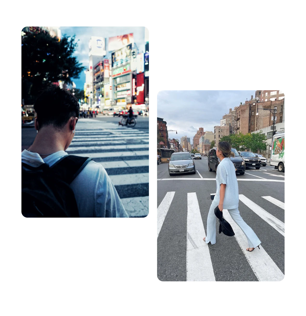 Two pins, man with backpack crossing street, woman crossing street