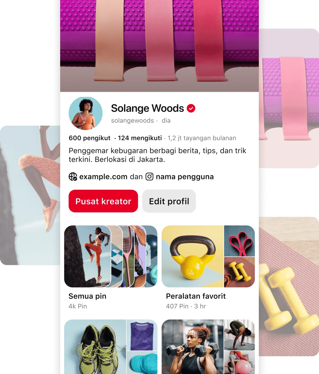 Screenshot of Pinterest profile for Solange Woods' a fitness enthusiast, with details about her follower count, location, and content categories.