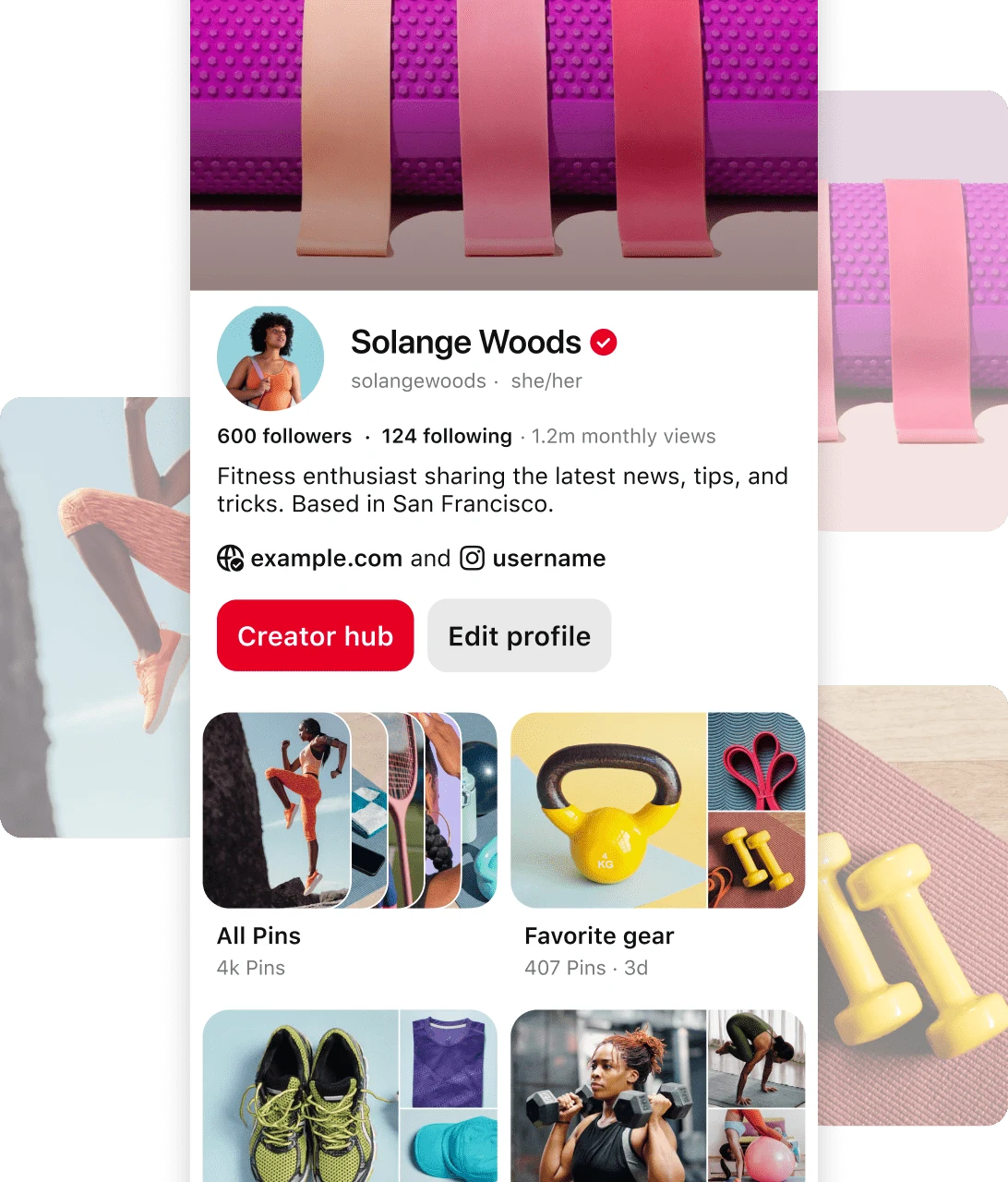 Screenshot of Pinterest profile for Solange Woods' a fitness enthusiast, with details about her follower count, location, and content categories.