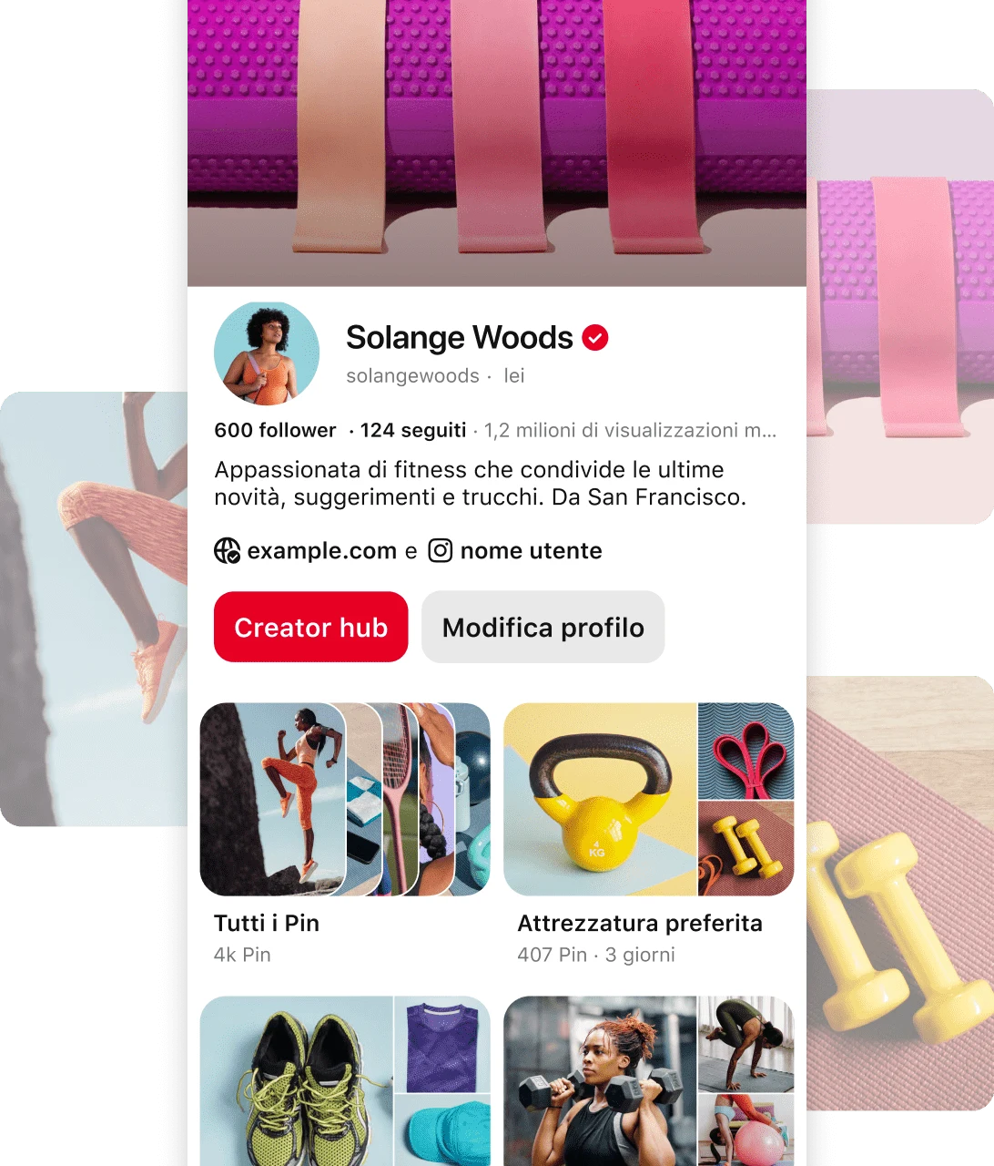 Screenshot of Pinterest profile for Solange Woods' a fitness enthusiast, with details about her follower count, location, and content categories.