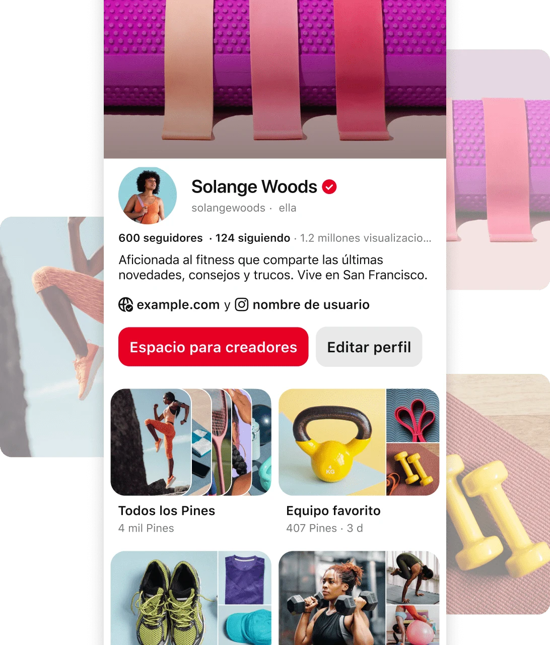 Screenshot of Pinterest profile for Solange Woods' a fitness enthusiast, with details about her follower count, location, and content categories.