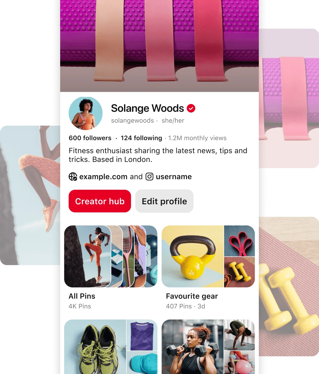 Screenshot of Pinterest profile for Solange Woods' a fitness enthusiast, with details about her follower count, location, and content categories.