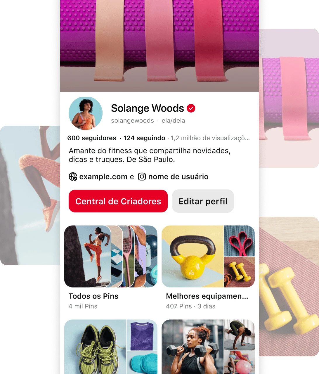 Screenshot of Pinterest profile for Solange Woods' a fitness enthusiast, with details about her follower count, location, and content categories.