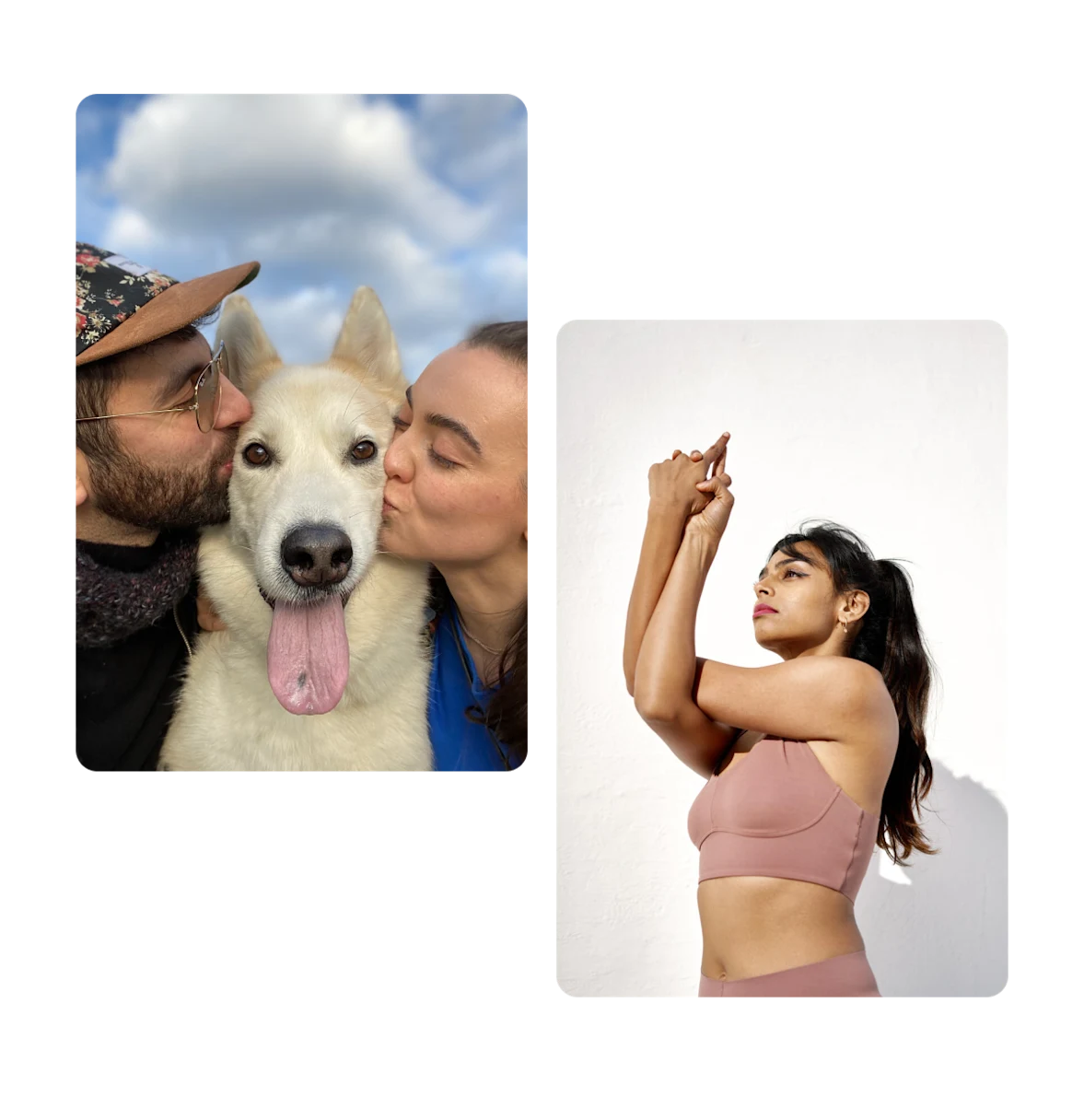 Two pins, couple kissing dog, woman in yoga pose