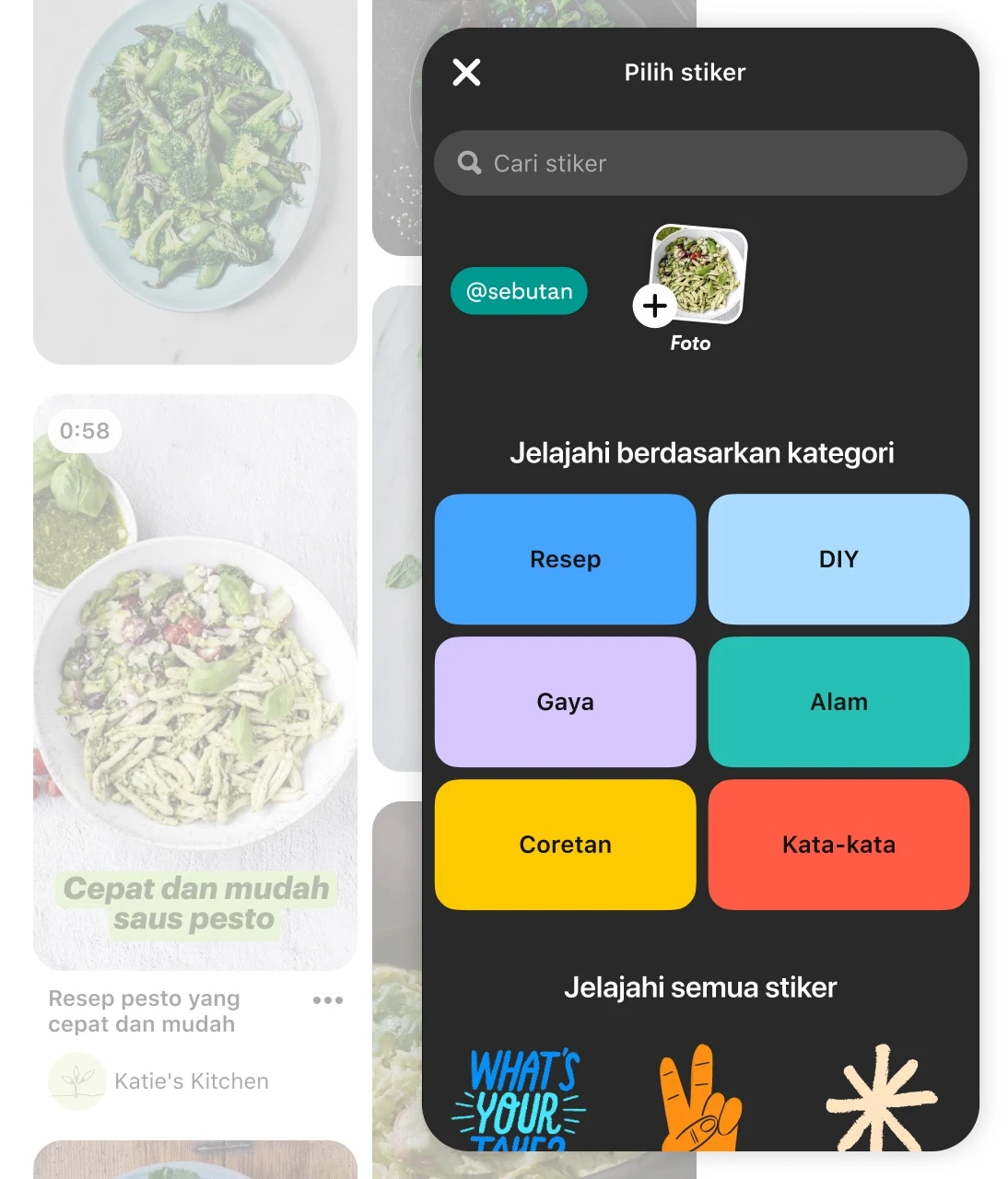 Phone screen showing Pinterest video editing sticker special features