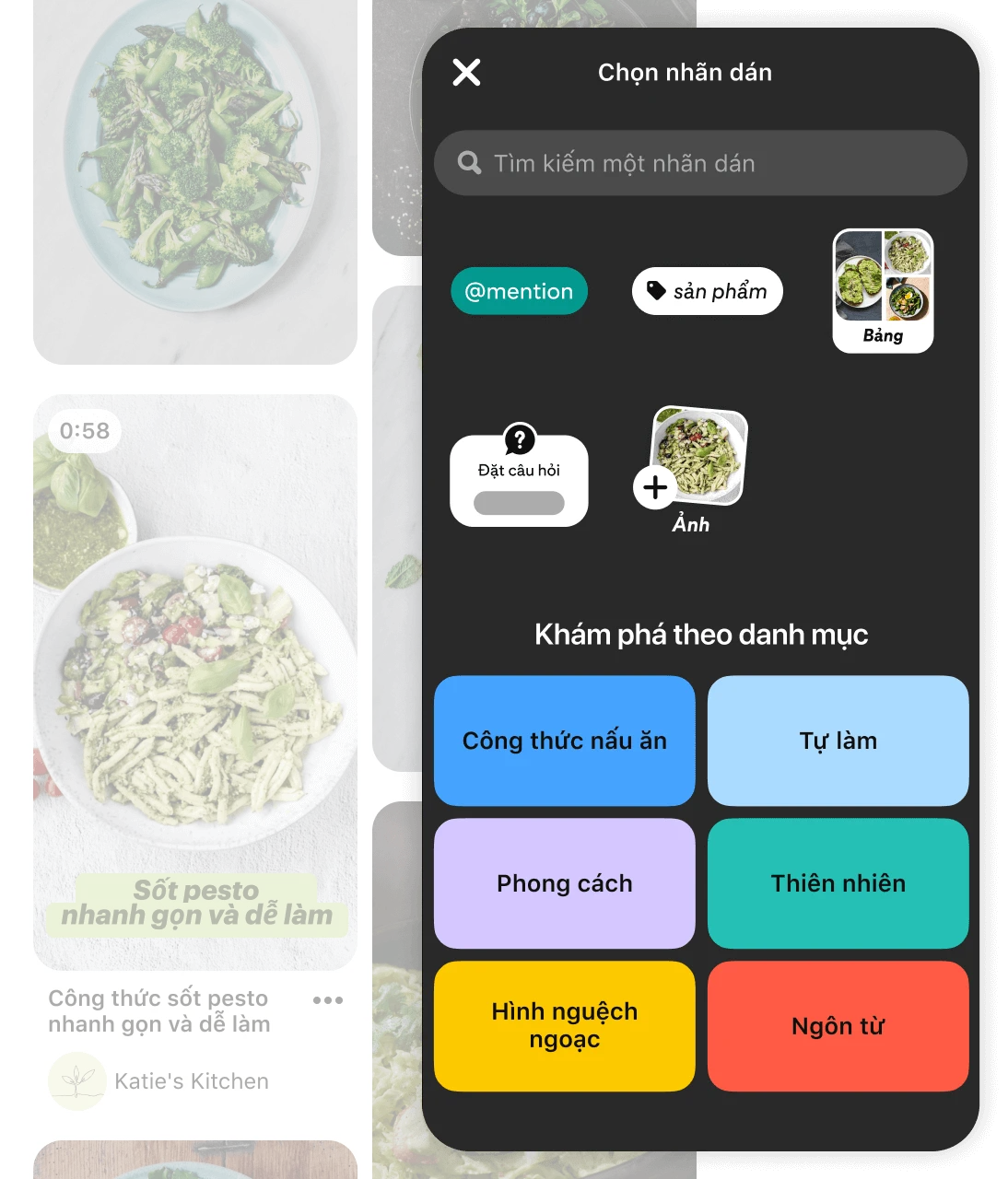 Màn hình điện thoại hiển thị các tính năng đặc biệt của Pinterest là nhãn dán chỉnh sửa video
