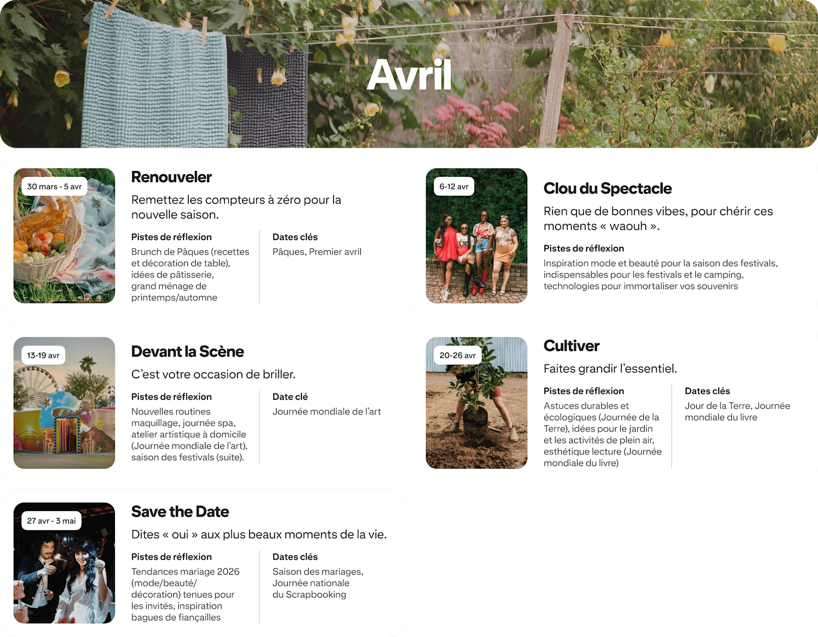 April planner view with five cards: Refresh, Showstopper, Center stage, Cultivate and You're invited, each dated and paired with photos.