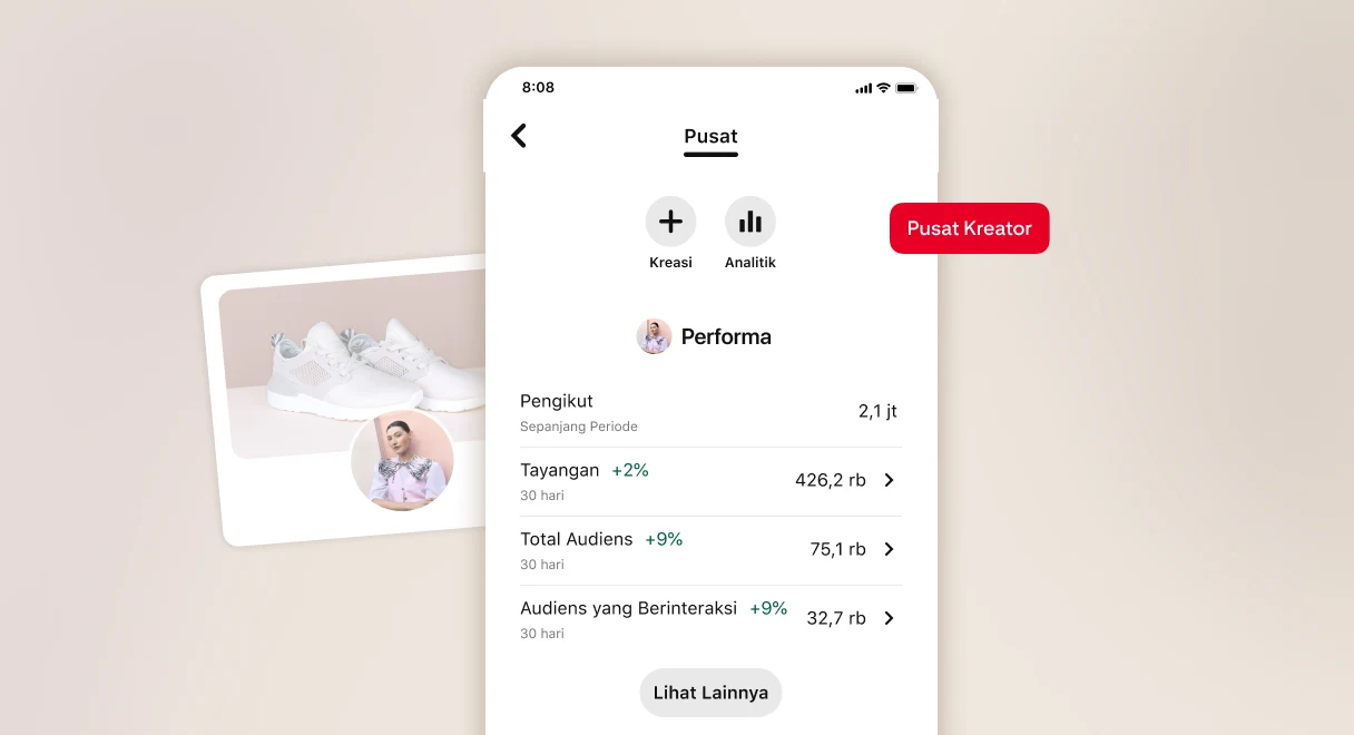 Pratinjau Pusat Kreator Pinterest dengan tombol "Kreasi" dan "Analitik" serta ringkasan performa berisi data pengikut, tayangan, total audiens, audiens yang berinteraksi, dan tombol "Lihat Selengkapnya". Tombol pusat kreator berwarna merah ditampilkan.