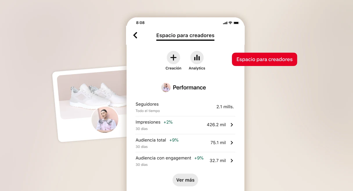Vista previa del Espacio para creadores, con los botones “Creación” y “Analytics”, y un resumen de rendimiento con datos de seguidores, impresiones, audiencia total y con engagement y el botón “Ver más”. El botón Espacio para creadores está superpuesto.