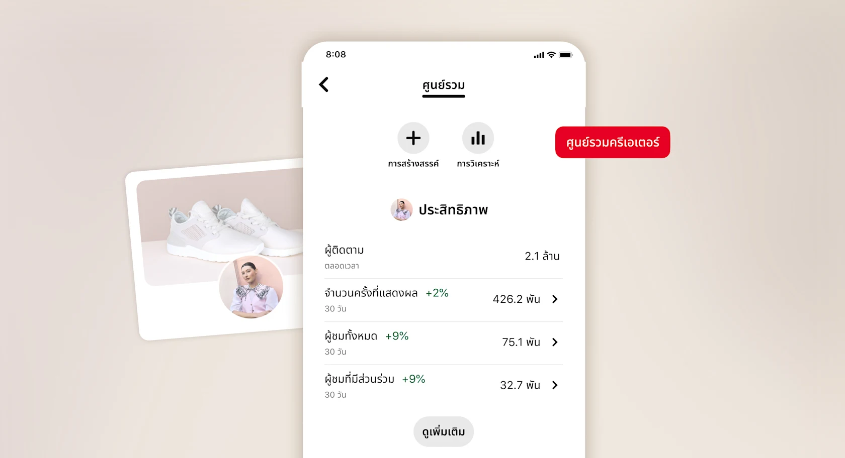 ตัวอย่างศูนย์รวมครีเอเตอร์ของ Pinterest ที่แสดงปุ่ม "การสร้างสรรค์" และ "การวิเคราะห์" และภาพรวมประสิทธิภาพพร้อมกับข้อมูลสำหรับผู้ติดตาม จำนวนครั้งที่แสดงผล ผู้ชมทั้งหมด ผู้ชมที่มีส่วนร่วม และปุ่ม "ดูเพิ่มเติม" ปุ่มศูนย์กลางผู้สร้างสีแดงมีการซ้อนทับ