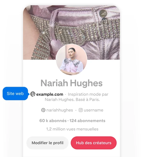 Mobile screenshot of Nariah Hughes' Pinterest profile, featuring two blue pop-up buttons labeled 'Website' pointing to her website.