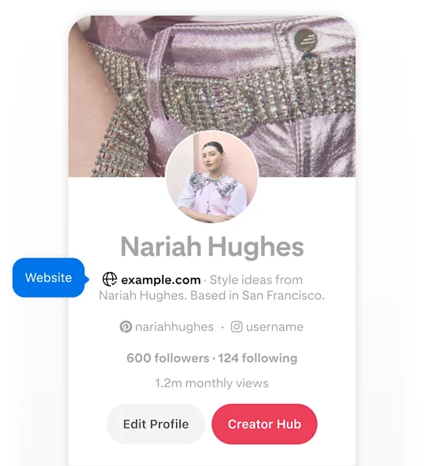 Mobile screenshot of Nariah Hughes' Pinterest profile, featuring two blue pop-up buttons labeled 'Website' pointing to her website.