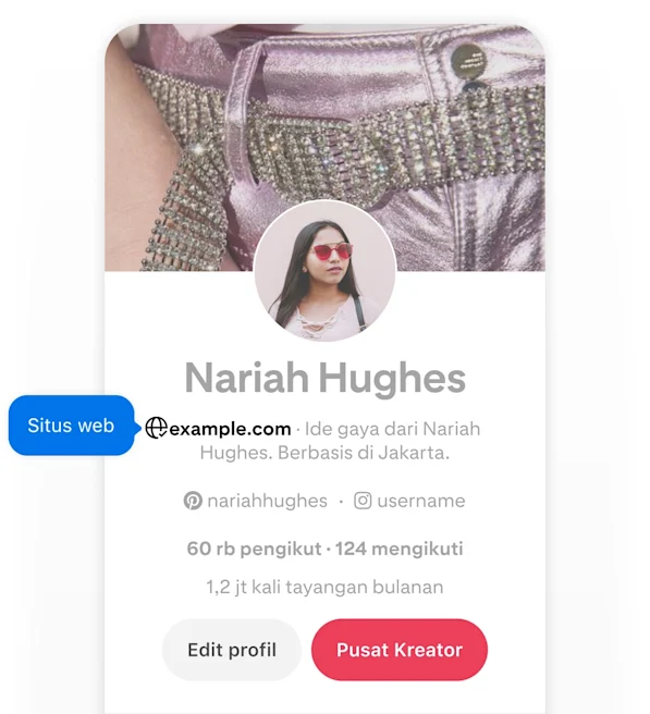 Mobile screenshot of Nariah Hughes' Pinterest profile, featuring two blue pop-up buttons labeled 'Website' pointing to her website.