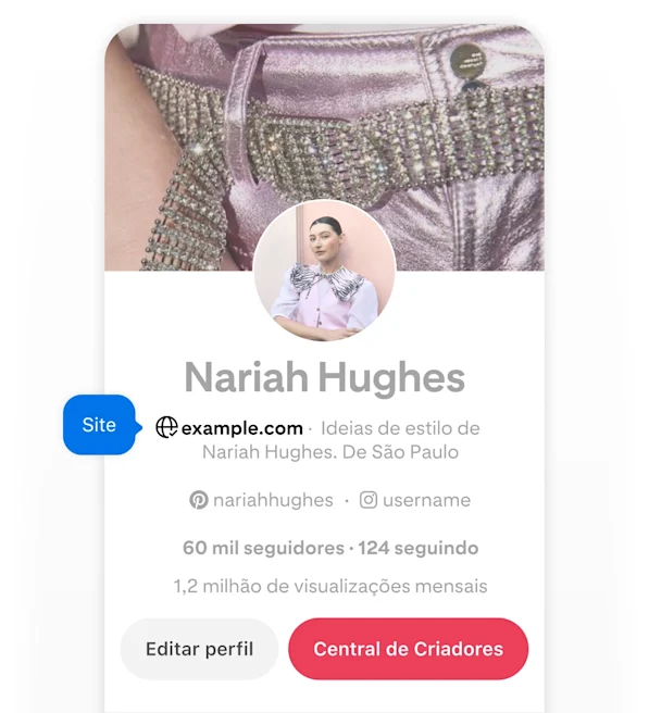 Mobile screenshot of Nariah Hughes' Pinterest profile, featuring two blue pop-up buttons labeled 'Website' pointing to her website.