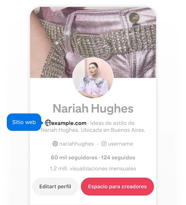 Mobile screenshot of Nariah Hughes' Pinterest profile, featuring two blue pop-up buttons labeled 'Website' pointing to her website.