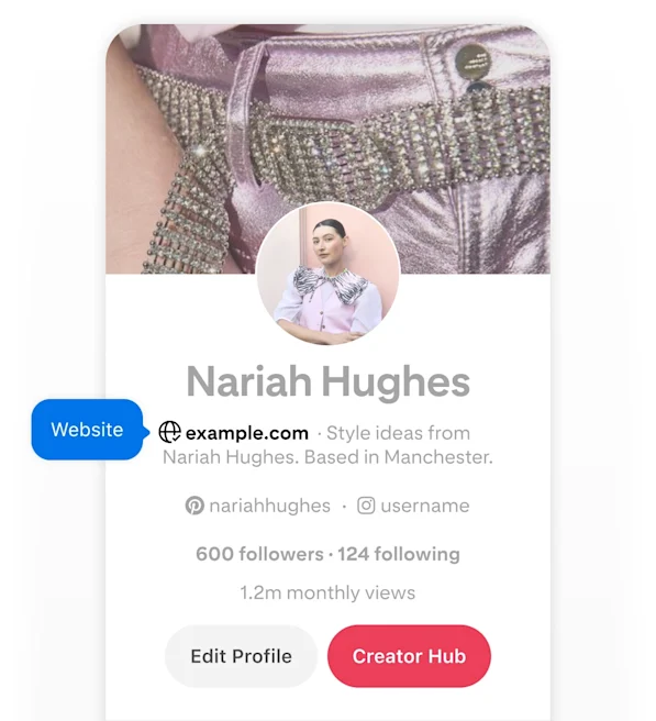 Mobile screenshot of Nariah Hughes' Pinterest profile, featuring two blue pop-up buttons labeled 'Website' pointing to her website.