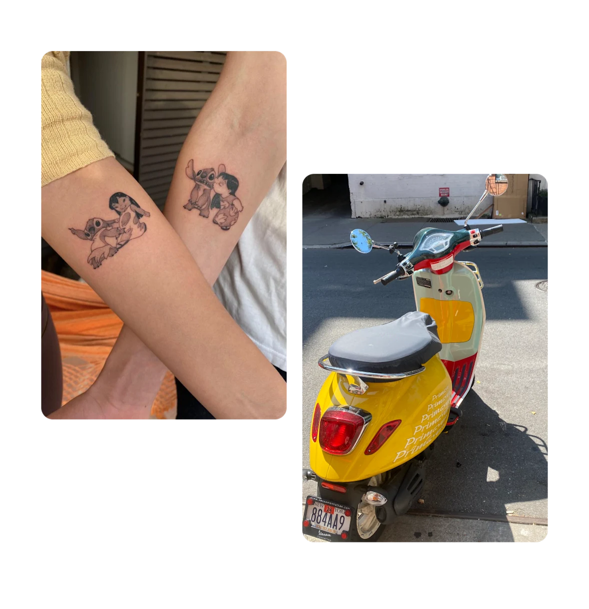 Two pins, clay figurines, moped