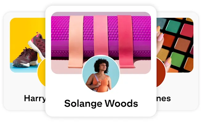 Pinterest 프로필 세 개가 쌓여 있고 맨 앞에 Solange Woods가 표시된 이미지
