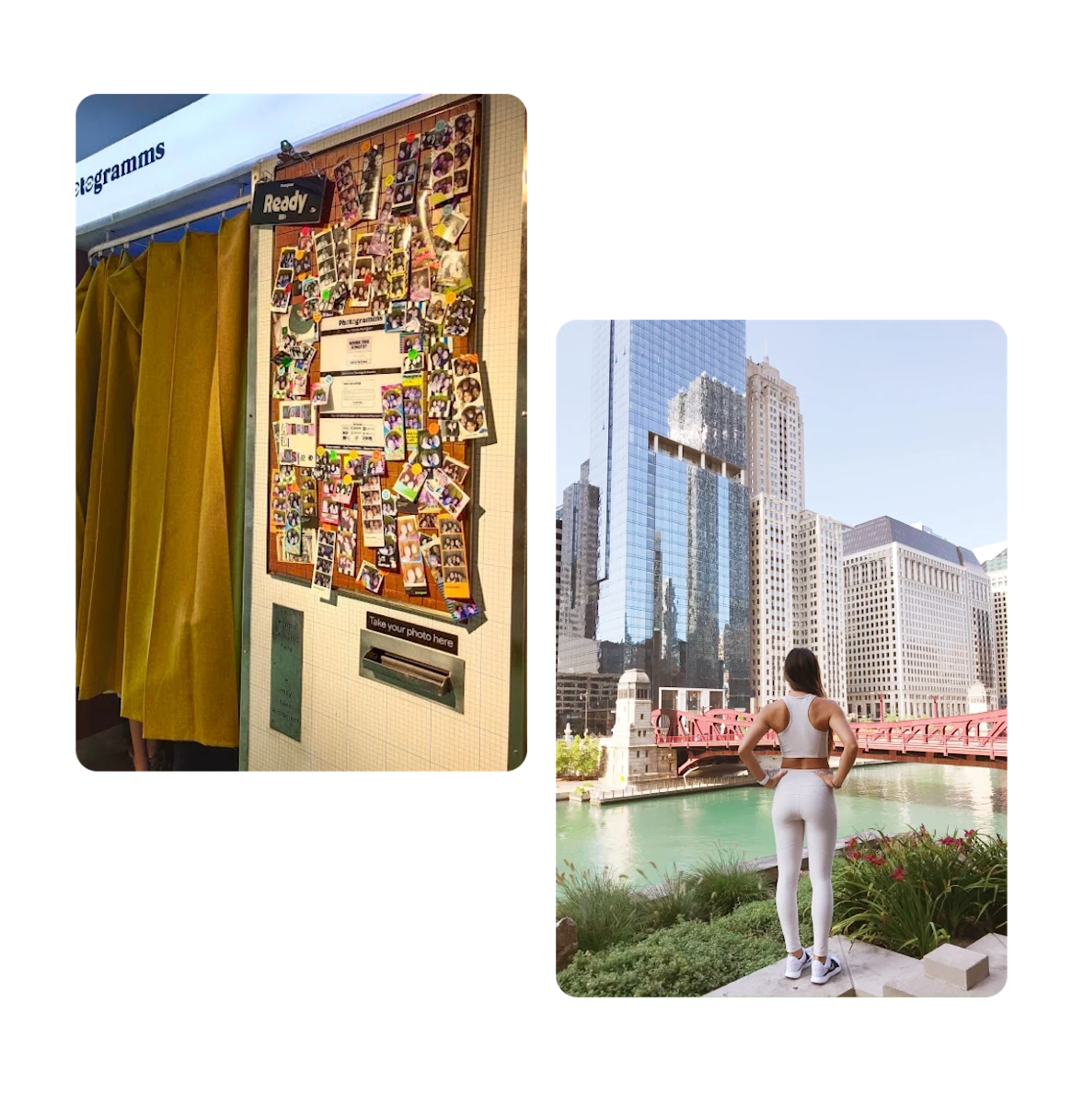 Two pins, photo collage on wall, woman facing waterfront