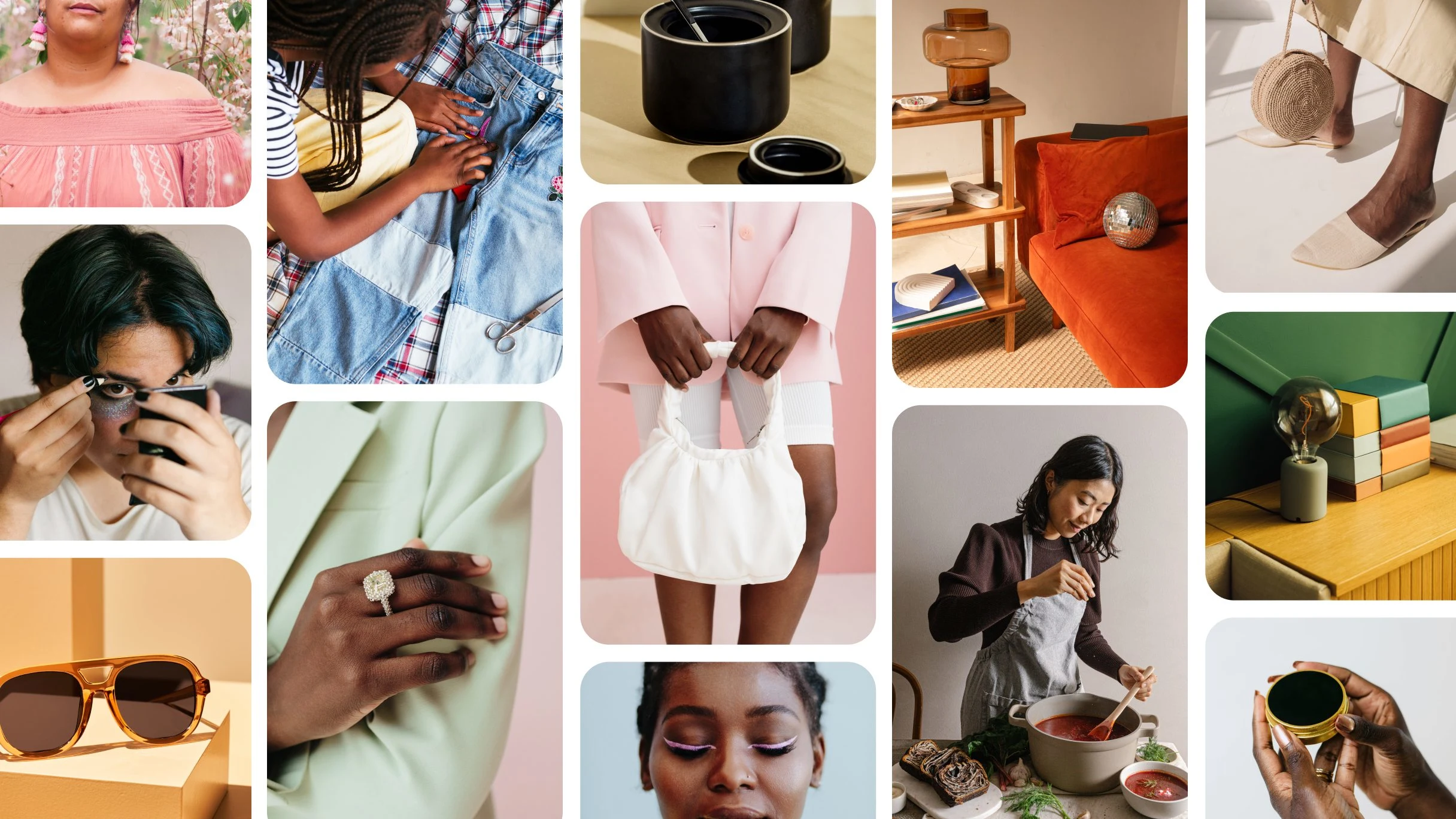 Pin grid featuring a creator putting on eye make-up; a creator holding a white bag; and a velvet orange sofa