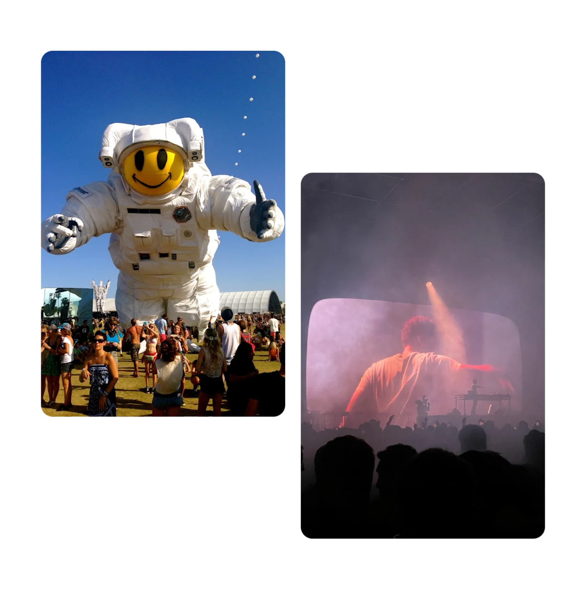 Zwei Pins, schwebender Astronaut auf Musikfestival, DJ spielt Set