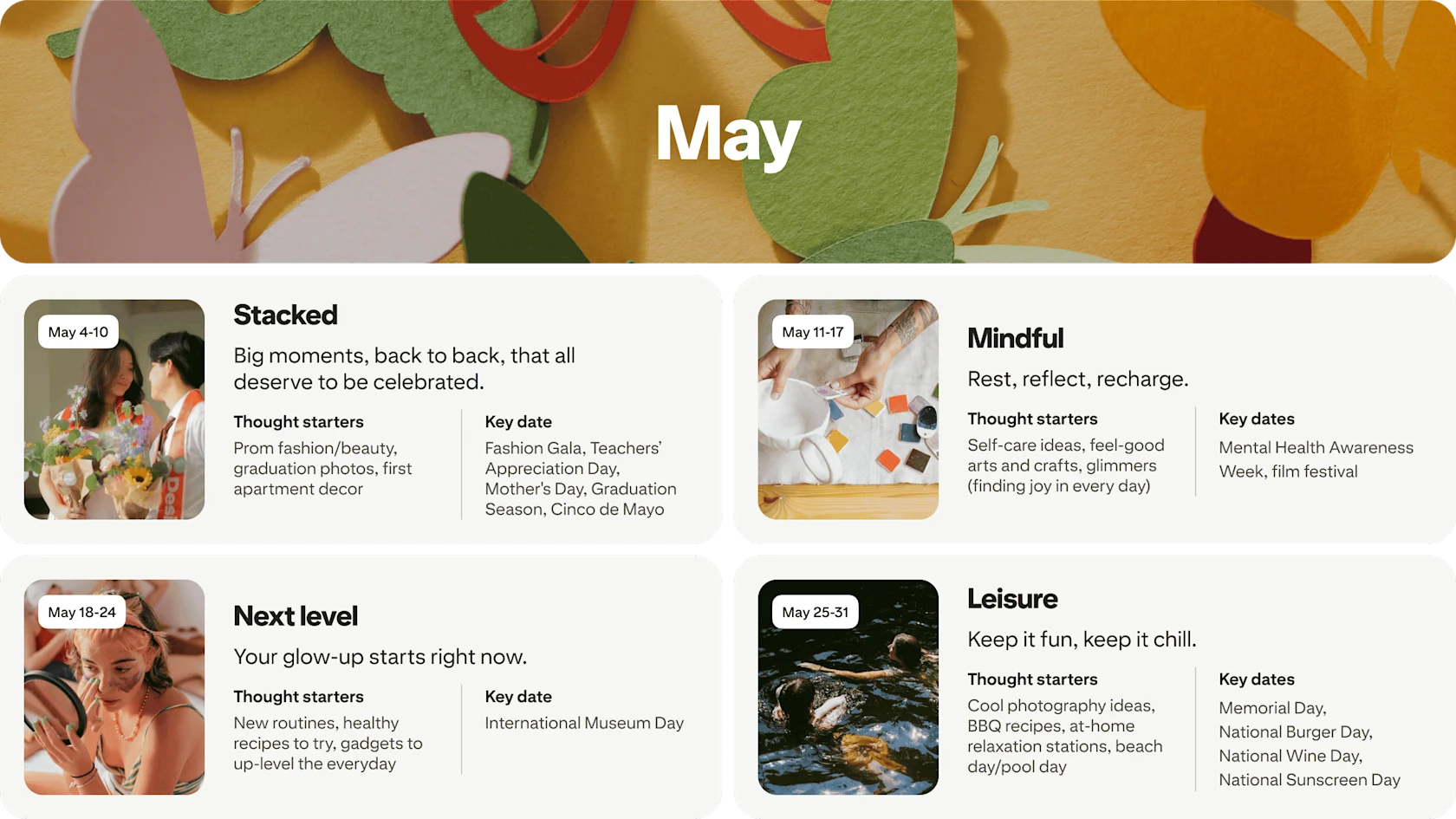 May planner view with four cards: Stacked, Mindful, Next level and Leisure, each dated and paired with photos.