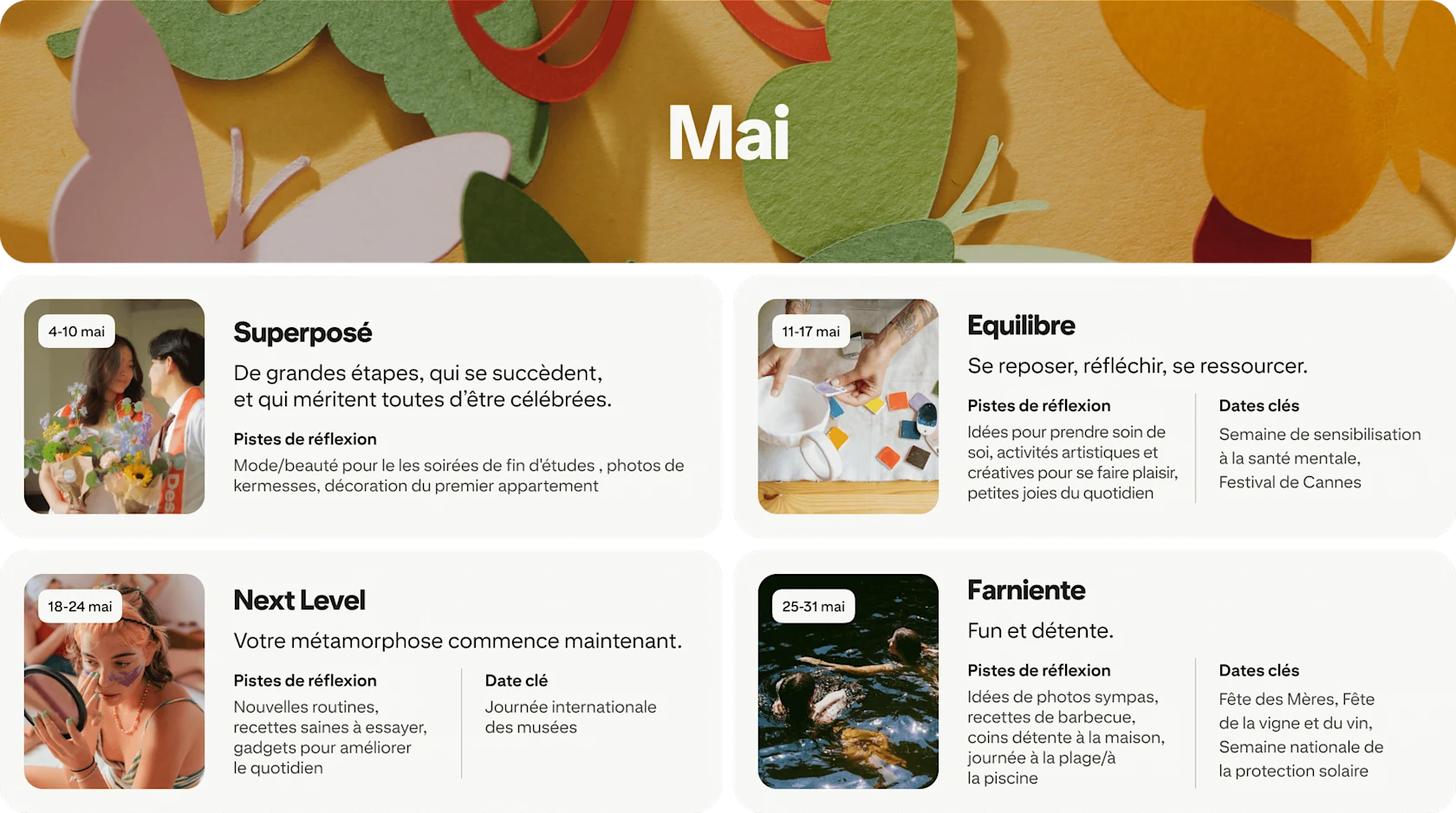 May planner view with four cards: Stacked, Mindful, Next level and Leisure, each dated and paired with photos.