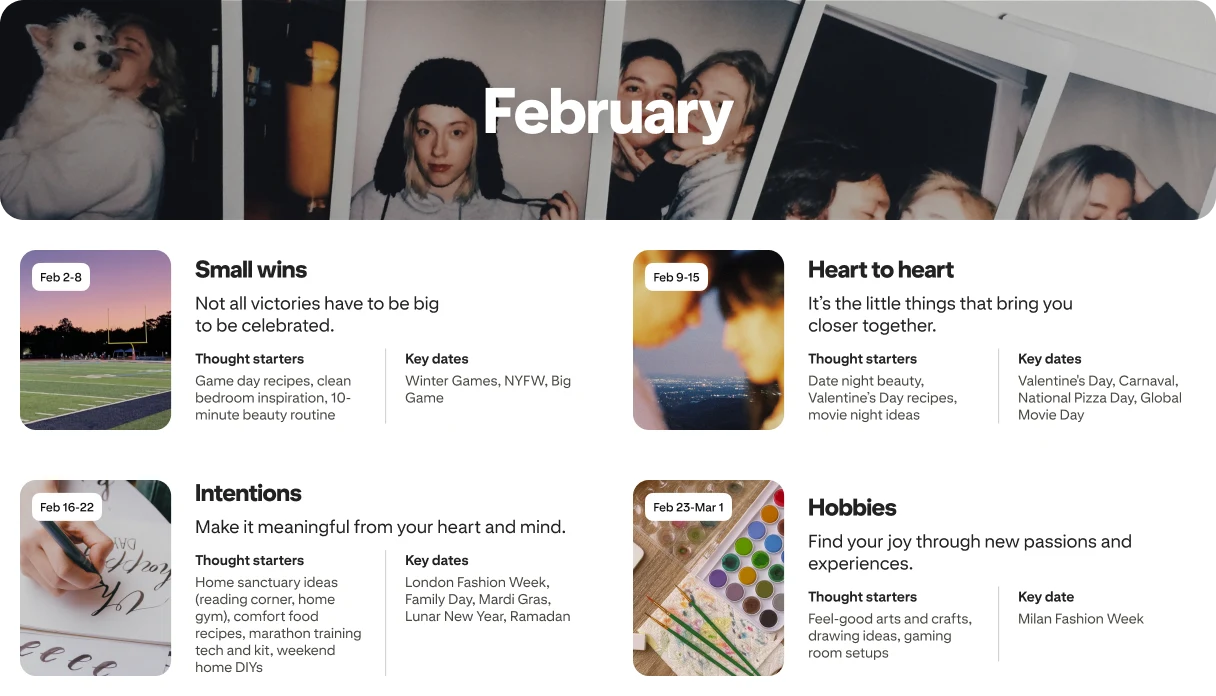 February planner view with four cards: Small wins, Heart to heart, Intentions and Hobbies, each dated and paired with photos.