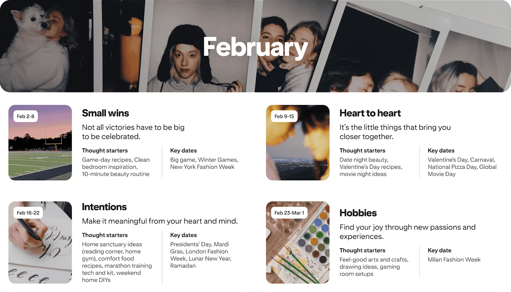 February planner view with four cards: Small wins, Heart to heart, Intentions and Hobbies, each dated and paired with photos.