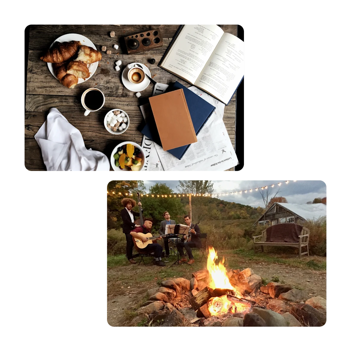 Two pins, hot chocolate, croissants and a book, band playing around fire pit