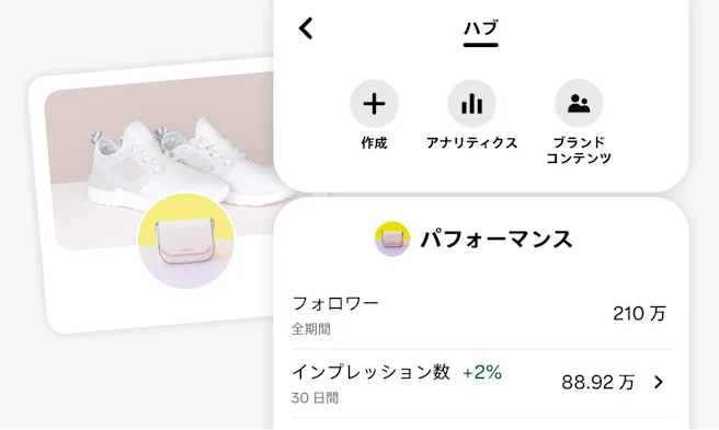 「作成」、「アナリティクス」、「ブランドコンテンツ」の各オプションが表示された、Pinterest クリエイターハブのモバイル画面のスナップショット。「パフォーマンス」セクションに、フォロワー数とインプレッション数の指標が表示されている。その後ろに、白いスニーカーが表示された、マーチャントのスタイリッシュなプロフィール画像が配置されている。
