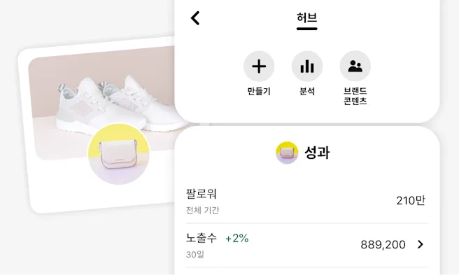 만들기, 분석, 브랜드 콘텐츠 옵션이 있는 Pinterest 크리에이터 허브의 모바일 화면 스냅샷입니다. 그리고 성과 섹션에 팔로워와 노출수 지표가 표시되어 있습니다. 그 뒤로는 흰색 스니커즈 한 켤레를 담은 스타일리시한 판매자 프로필 이미지가 배치되어 있습니다.