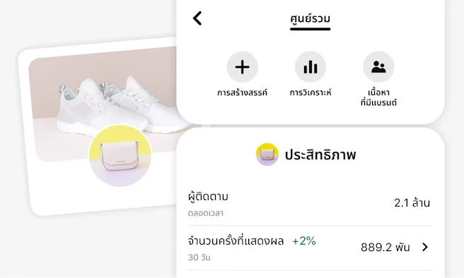 ภาพหน้าจอมือถือของศูนย์รวมครีเอเตอร์ของ Pinterest พร้อมตัวเลือกสำหรับการสร้างสรรค์ การวิเคราะห์ และเนื้อหาที่มีแบรนด์ ส่วนประสิทธิภาพจะแสดงเมตริกสำหรับผู้ติดตามและจำนวนครั้งที่แสดงผล ด้านหลังเป็นโปรไฟล์ผู้ค้าที่ตกแต่งสวยงามและแสดงรองเท้าผ้าใบสีขาวหนึ่งคู่