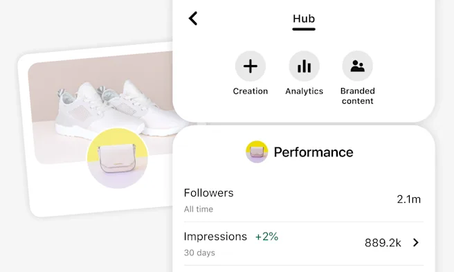 Mobile screen snapshot of Pinterest's Creator Hub with options for Creation, Analytics, and Branded Content. A Performance section displays metrics for followers and impressions. Behind is a stylized merchant profile shows a pair white sneakers.
