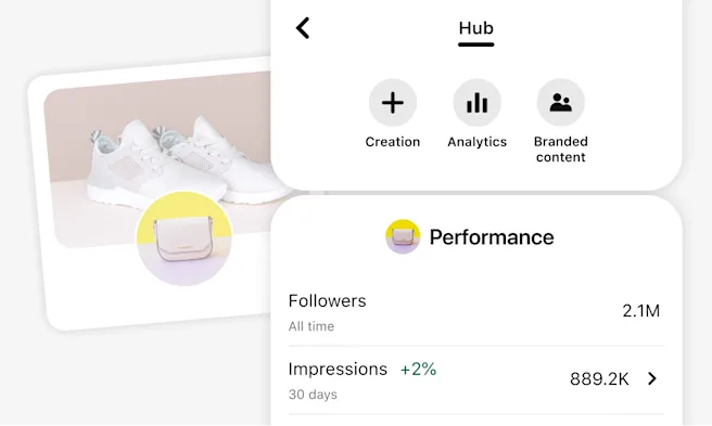 Mobile screen snapshot of Pinterest’s creator hub with options for Creation, Analytics and Branded content. A Performance section displays metrics for followers and impressions. A stylised merchant profile in the background shows a pair of white trainers.