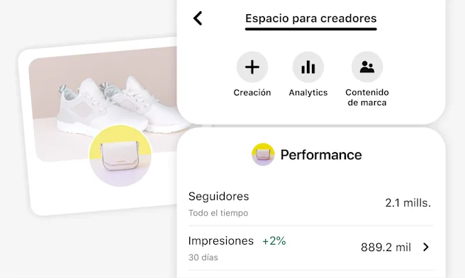 Captura de pantalla móvil del espacio para creadores con opciones de creación, analytics y contenido de marca. Una sección de rendimiento con métricas de seguidores e impresiones. Detrás, un perfil de comerciante estilizado, con un par de zapatillas.